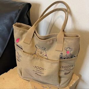 Adorable Retro Winnie the Pooh Tote Bag Canvas Shoulder Handbag Multiple Pockets